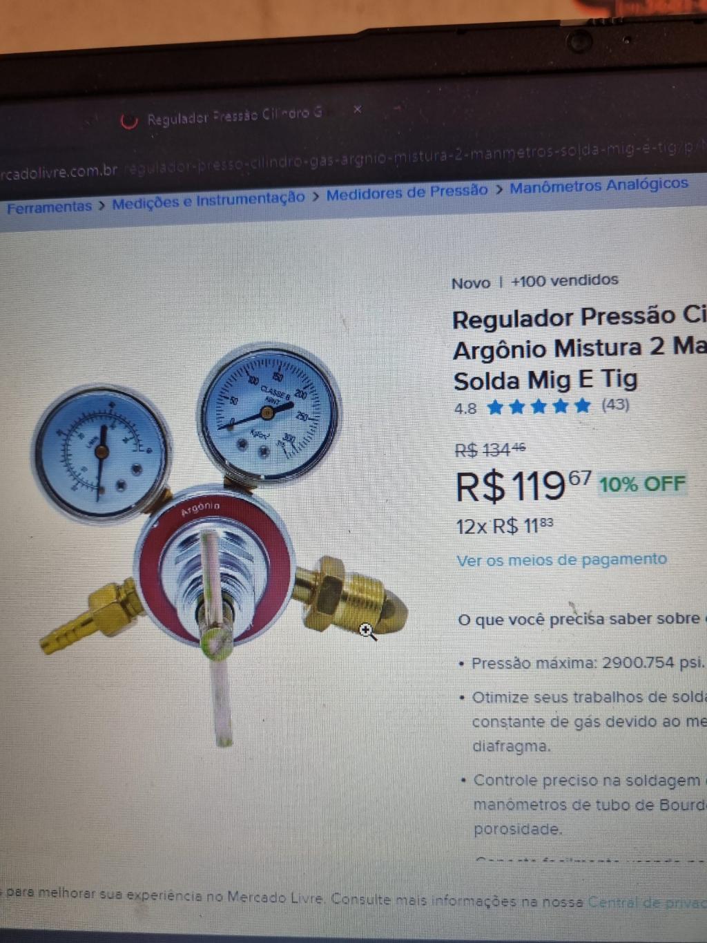 Regulador de Pressão para Cilindro de Gás Argônio Mistura com 2 Manômetros
