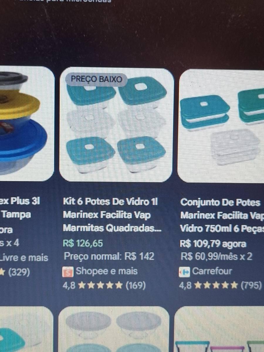Kit 6 Potes de Vidro Marinex Facilite Vap Marmitas Quadradas