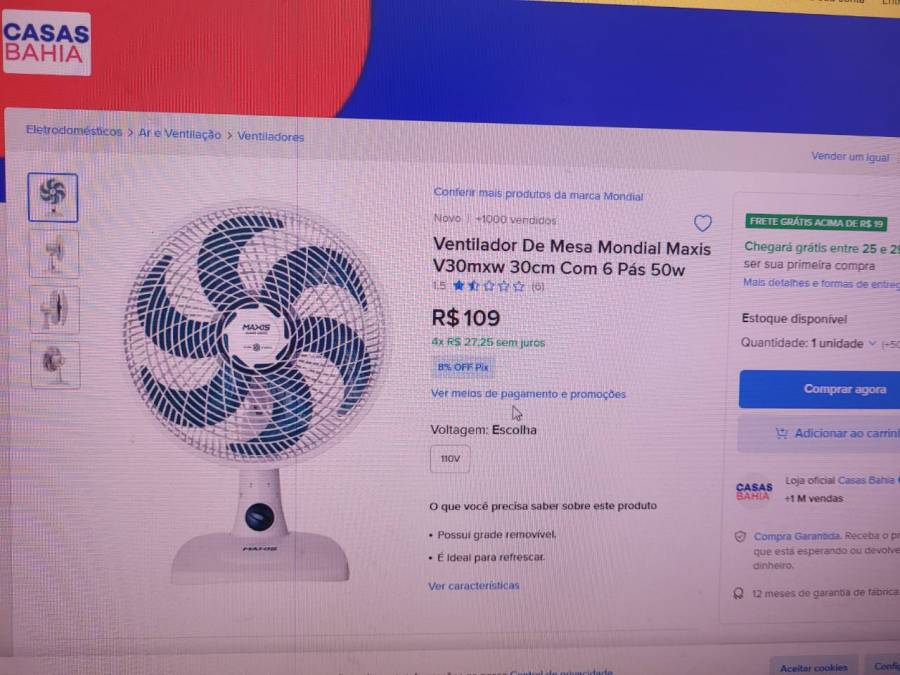 Ventilador de Mesa Mondial Maxis V30mxw 30cm com 6 127V