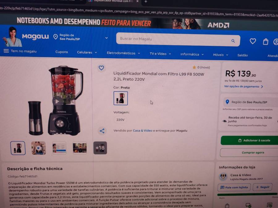 Liquidificador Mondial com Filtro L99 FB 500W 2,2L Preto 220V