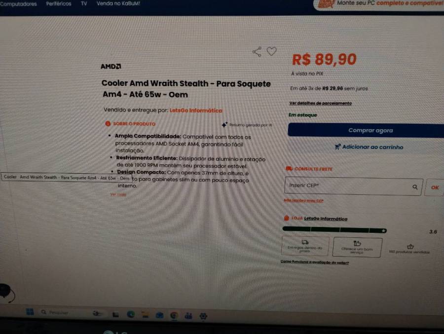 Cooler AMD Wraith Stealth para Soquete AM4 até 65W OEM