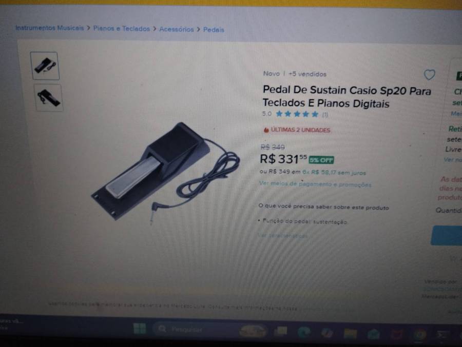 Pedal de Sustain Casio SP20 para teclados e pianos digitais