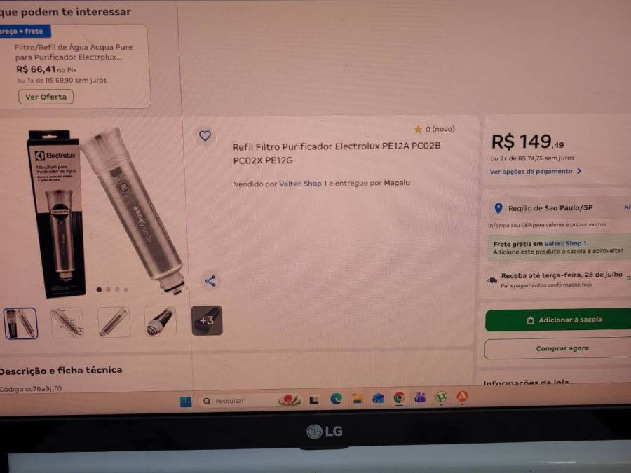 Refil Filtro Purificador de Água Electrolux PE12A PC02B PC02X PE12G