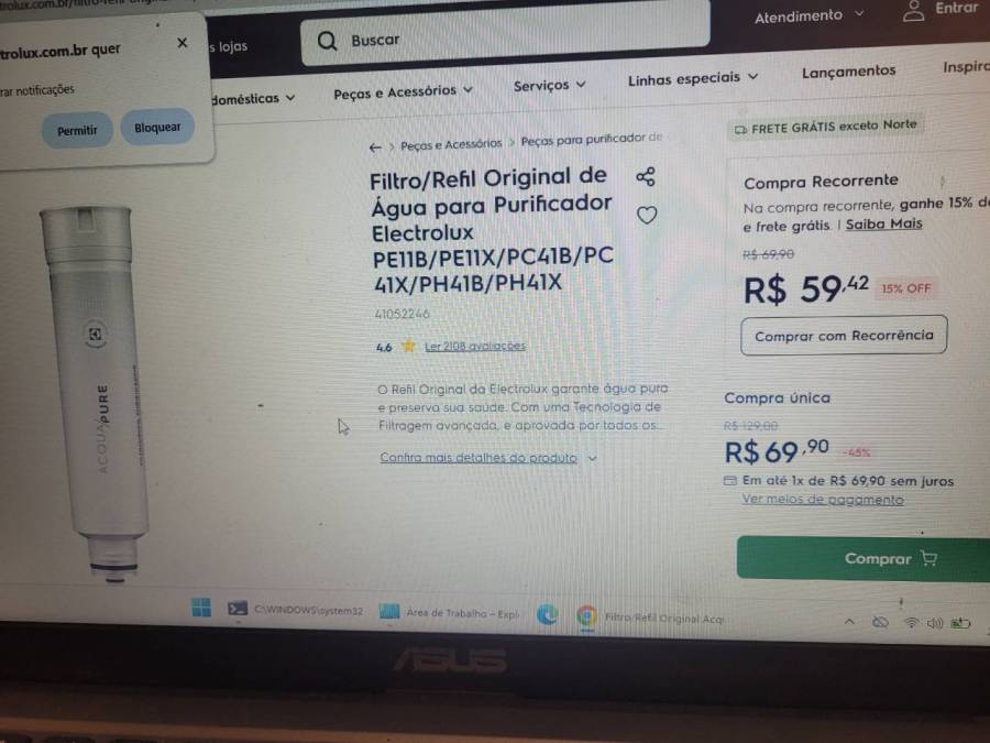 Filtro/Refil Original de Água para Purificador Electrolux PE11B/PE11X/PC41B/PC41X/PH41B/PH41X