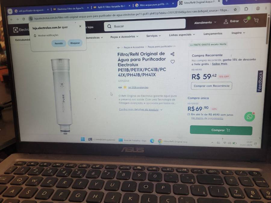 Filtro/Refil Original de Água para Purificador Electrolux PE11B/PE11X/PC41B/PC41X/PH41B/PH41X