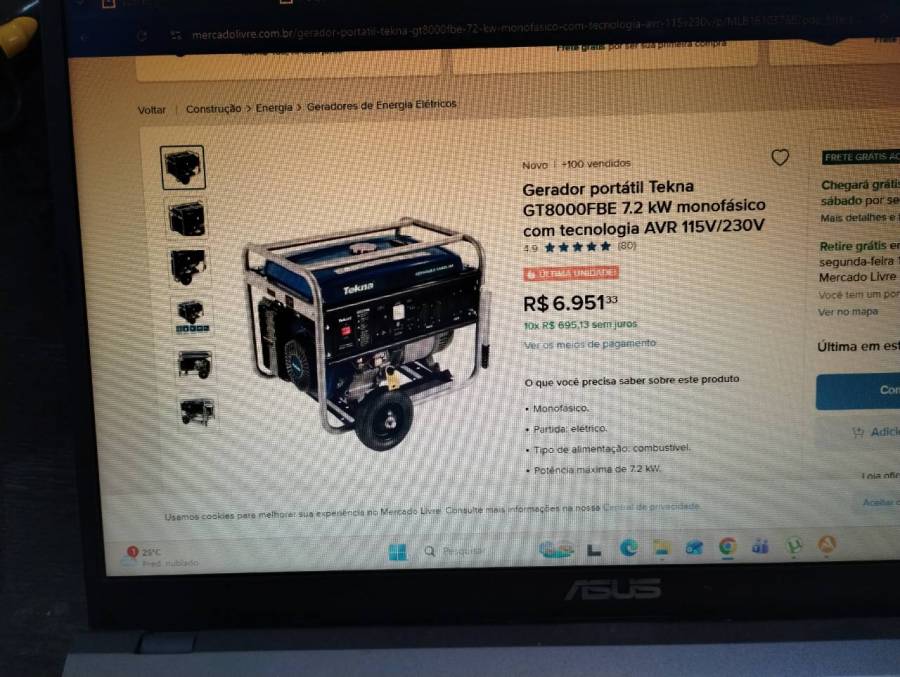 Gerador portátil Tekna GT8000FBE 7.2 kW monofásico com tecnologia AVR 115V/230V
