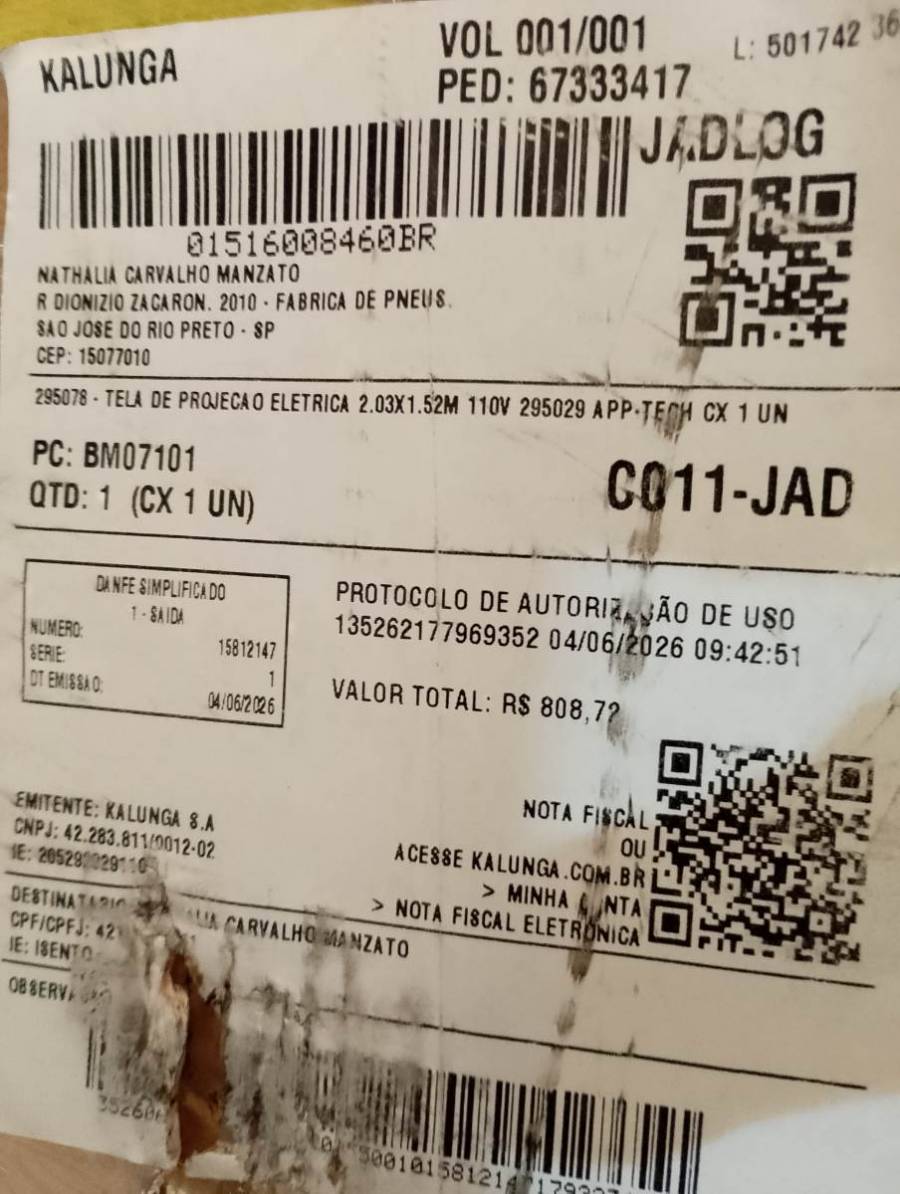 Tela de projeção elétrica 2.03x1.52m 110V