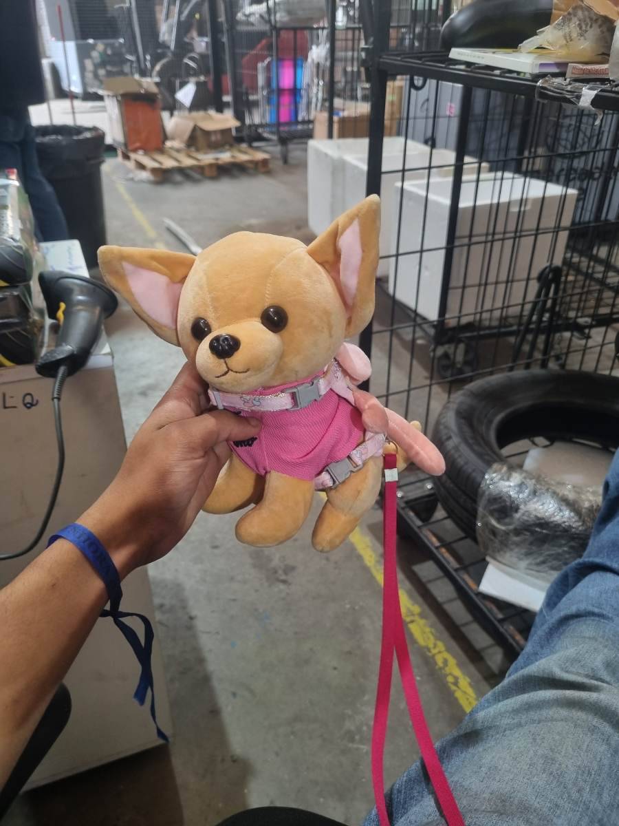 Pelúcia de cachorro com coleira e roupa rosa